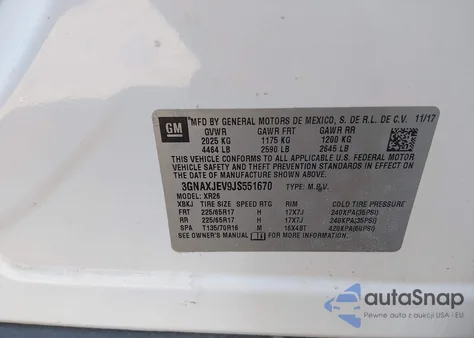 2018 Chevrolet Equinox Lt z USA, uszkodzony, nr VIN 3GNAXJEV9JS551670